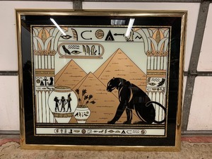 lot 15 image: HUGE Gold Framed Reverse on Glass Egyptian Artwork - Panther of Giza 