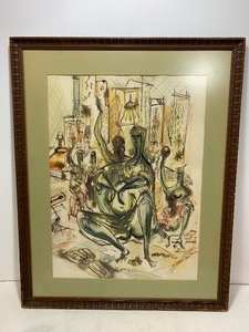 lot 200 image: Framed Signed Vintage Mid Century Abstract Watercolor & Ink Painting