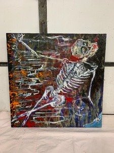 lot 202 image: Large Macabre Oil on Canvas Skeleton Painting