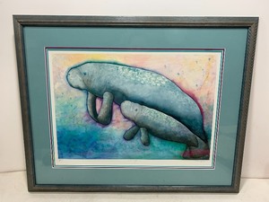 lot 206 image: Framed Signed Numbered Marine Wildlife Print wManatees - Serenity
