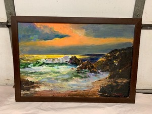 lot 208 image: Vintage Signed Mid Century Oil on Canvas Sunset Ocean Shoreline Painting