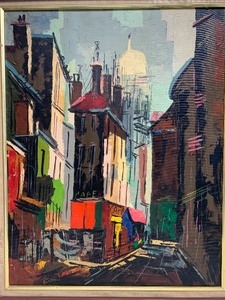 lot 225 image: Nice Mid Century Carlo of Hollywood 1950s Oil On Canvas City Street Scene Painting 