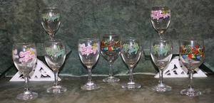 lot 8 image: 9 Wine Glasses wFun Sayings