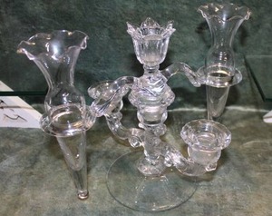 lot 12 image: Cambridge Triple Epergne Glass Candelabra wArms & Vases