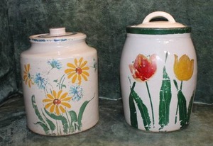 lot 23 image: Pair of Stoneware Cookie Jars wLids