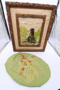 lot 28 image: Embroidered Chapel and Hand Carved frame
