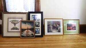 lot 29 image: Lot of 5 Gold toned Custom Frames with misc Artwork
