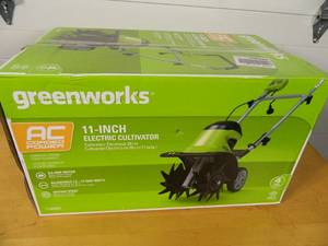 lot 5 image: New Greenworks Electric Tiller  Cultivator