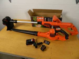 lot 159 image: Black and Decker 20 Volt Cordless Weed Wacker and Blower