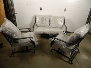lot 5A image: New 3 pc Patio Set Sofa and 2 Motion Chairs (cosmetic damage)