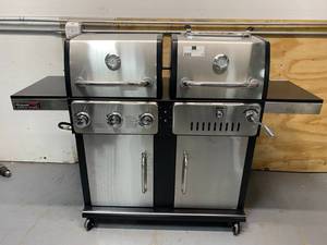 lot 25 image: ROYAL GOURMET 3-Burners Propane Gas Grill and Charcoal Combo Grill in Stainless Steel with 2-Side Tables