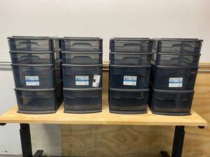 lot 27 image: HOMZ Lot of Four- 4 Drawer Medium Plastic Wheeled Cart in Smoke Gray