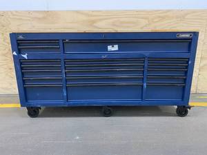 lot 50 image: HUSKY 72 in. 18-Drawer Mobile Workbench with Solid Wood Top in Gloss Blue