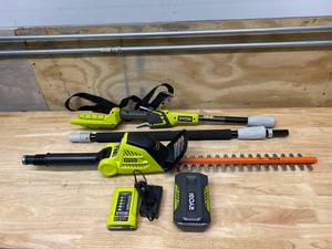 lot 73 image: RYOBI 18 in. 40-Volt Lithium-Ion Cordless Pole Hedge Trimmer with 2.0 Ah Battery and Charger Included