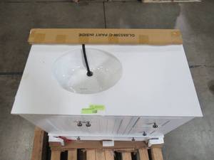 lot 134 image: Dorel Living Tehila 36 in. Bathroom Vanity in White with Composite Granite Vanity Top in White with Ceramic Oval Sink and Backsplash DE52580