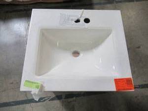 lot 138 image: Home Decorators Collection Sedgewood 18-12 in. W Bath Vanity in Dark Cognac with Solid Surface Technology Vanity Top in Arctic with White Sink PPLNKDCG18