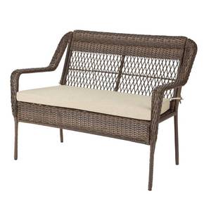 lot 213 image: Hampton Bay Outdoor Patio Loveseat with Putty Tan Cushions, 65-2019-400-1