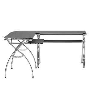 lot 221 image: Techni Mobile Black L-Shaped Corner Desk with Tempered Glass Top and Pull Out Keyboard Tray, RTA-0039LC-BK