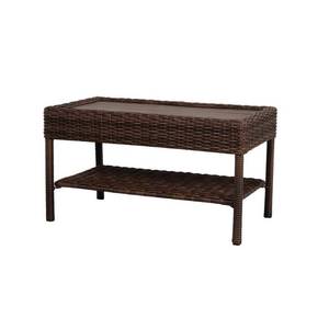 lot 223 image: Hampton Bay Cambridge Brown Rectangular Wicker Outdoor Coffee Table with Faux Wood Table Top, 65-1714885.