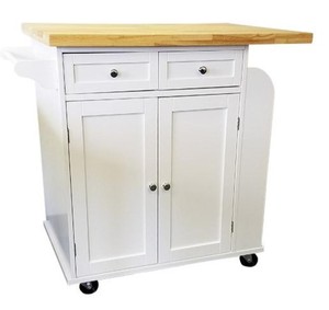 lot 301 image: Nantucket 38 Rolling Kitchen Island Cart In White With Solid Wooden Top, KTISLD 2DR2DRW RK WH - May be missing some hardware.