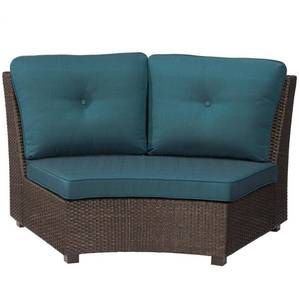 lot 305 image: Hampton Bay Torquay Wicker Armless Middle Outdoor Sectional Chair with Cushions, FRS60557-C - Middle Chair of Sectional only - MISSING SLIP COVERS.