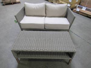 lot 218 image: Hampton Bay Weathered Gray WickerResin Outdoor Loveseat and Coffee Table.