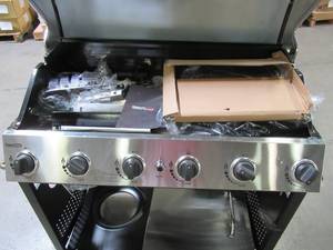 lot 241 image: Royal Gourmet 6-Burner Propane Gas Grill in Stainless Steel with Sear Burner, SG6002 - DENTED CART CHASIS, May be missing some hardwaredrip pan.