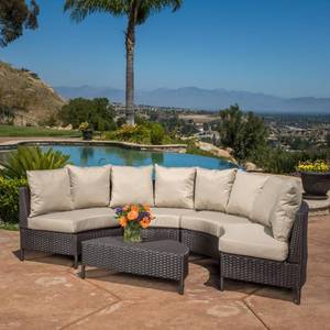 lot 316 image: Noble House Newton Dark Brown 4-Piece Wicker Outdoor Sectional with Taupe Cushions, 2775 - Missing TableOttoman and Maybe some hardware