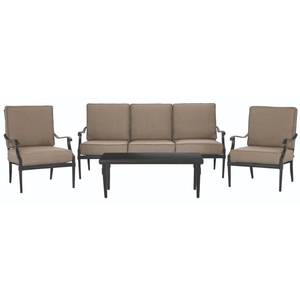 lot 318 image: Home Decorators Collection Dunham Manor 4-Piece All-Weathered Metal Deep Seating Set with Sand Dune Cushions - Broken LH Rear Leg On Sofa
