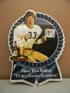 lot 3 image: NEW IN BOX ONLY OPENED FOR PICTURES - PABST BLUE RIBBON FOR THE ARMCHAIR QUARTERBACKS TIN SIGN - ANOTHER AWESOME PIECE FOR THE CAVE - APPROX 19 BY 25 - SEE PICTURES