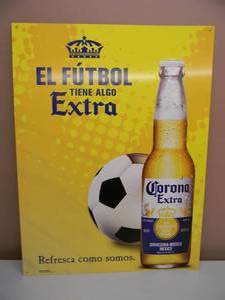 lot 5 image: NEW IN BOX ONLY OPENED FOR PICTURES - CORONA EL FUTBOL TIN SIGN - ANOTHER AWESOME PIECE FOR THE CAVE - APPROX 18 BY 24 - SEE PICTURES