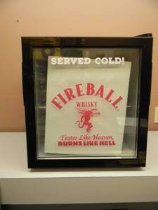 lot 59 image: NEW IN BOX ONLY OPENED FOR PICTURES - FIREBALL WHISKY COUNTER TOP MINI FRIDGE  - ANOTHER AWESOME PIECE FOR THE CAVE - SEE PICTURES