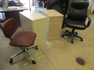 lot 143 image: TWO 2 DRAWER FILE CABINETS AND 2 OFFICE CHAIRS
