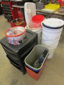 lot 196 image: WHEELS, DRAWER UNIT, TRASH CANS, BUCKETS