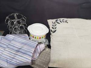 lot 36 image: Kuerig Holder, Mini Crock Pot, 2 Shower Curtains, Throw Pillow