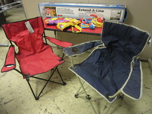 lot 355 image: EXTEND-A-LINE CLOTHES DRYER - NEW,  CAMP CHAIRS, INFANT LIFE PRESERVER,  LADDER BALL GAME