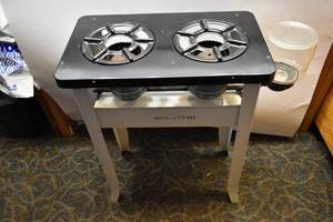 lot 11 image: Vintage WhiteBlack Double Burner Camping Stove on LegsKerosine Bottle