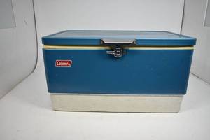 lot 12 image: Vintage Coleman BlueWhite Metal Cooler