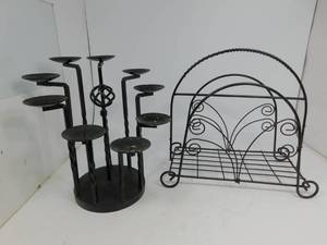 lot 32 image: Large Metal Iron Candle Holder  Black Metal Magazine Rack