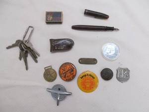 vintage keepsake buttons, pens, Trump coin