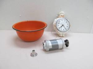 enamel pot, clock, cookie press