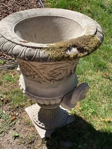 lot 41 image: A Pair of Decorative Cement Urns with Handles