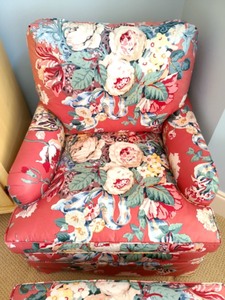 lot 160 image: Custom Upholstered Floral Print Armchair With Matching Ottoman