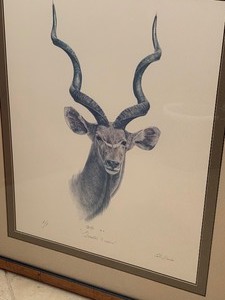 lot 51 image: Large Framed Art by Earl Cacho Greater Kudu