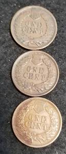 3 INDIAN HEAD CENTS 1896 XF 1899 XF 1908 VF