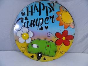 lot 23 image: New Large Recycled Metal Garden Art Happy Camper Sign