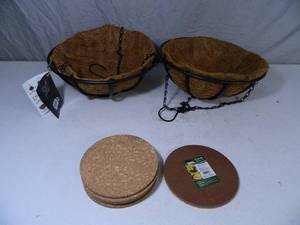 lot 128 image: 2 New Hanging Basket Planters and 6 New Cork Mats
