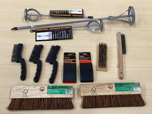 lot 40 image: Box Of Assorted New Sanding Blocks, Wire Brushes, Mixer Bits, Etc