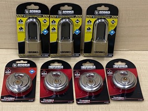 lot 109 image: (4) New Stainless & (3) New Brass Brinks Padlocks