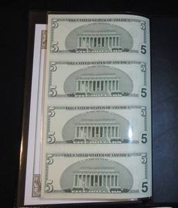 lot 2 image: 2006 US Government Uncut Sheets of $5 Bills SN HF 99978423A